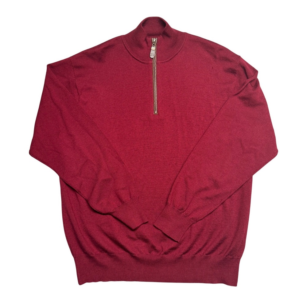 Orvis Mens Burgundy Merino Wool Quarter Zip Pullover Sweater Size L Hole